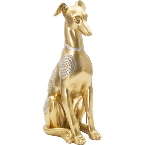 Scultura Cane seduto in resina dorata con dettagli in vetro