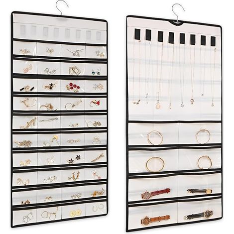 Organizador de joyas de 48 compartimentos, 43 x 78 cm, organizador de joyas colgante con gancho, soporte para pendientes de pared. (1/4)
