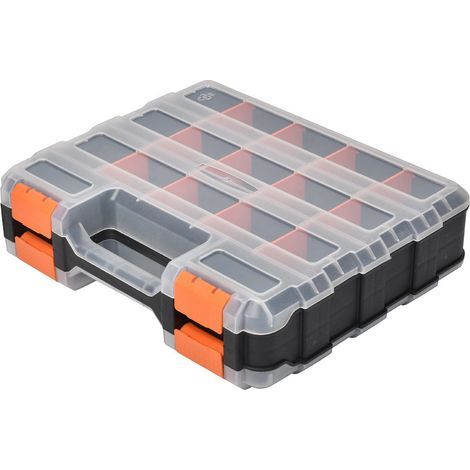 Boîte de rangement double face 320 x 270 x 80 mm – 2 côtés pour petites pièces avec 30 boîtes d'insertion, à accessoires – Boîte à vis, à outils robuste,Orange