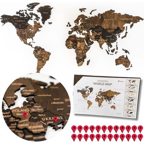 Carte du monde murale en bois 3D 130x72cm avec villes + étiquettes autocollantes (1/5)