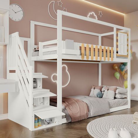 Lit superposé 90×200cm blanc pin massif,fenêtre,3 casiers escalier,protection anti-chute,lit sécurisé pour enfants