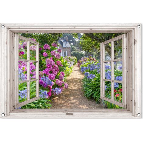 Balcony Privacy Banner Hydrangea - See-through - Flowers - Summer - Purple - Path 90x60 cm (1/5)