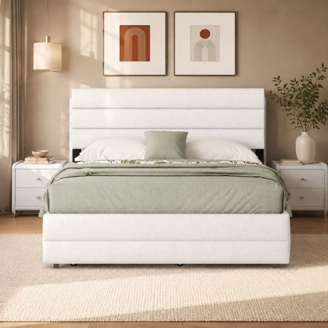 Lit double 160x200 cm en velours beige avec sommier à lattes, sans matelas - CHICFURN (1/5)