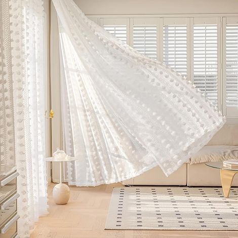 L132 x H160 cm Rideaux Voilage Blanc de Style Bohème, Lot de 2 Touffetés à Pompons Brodé Design pour Salon Chambre d'enfant (1/5)