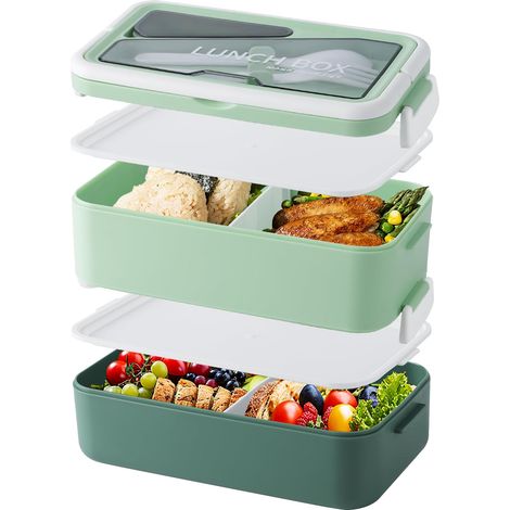 1600-ml-Lunchbox, Lunchbox für Erwachsene, 2-lagige Bento-Box mit Besteck- und Soßenbehältern, BPA-frei, auslaufsicher, für Arbeit und Schule, Grün