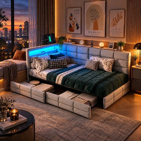 JOOKGBD–Divano letto 140x190 cm,letto contenitore,letto matrimoniale imbottito con 2 cassetti,LED,USB,letto adolescente con testiera imbottita,rete a doghe,lino,beige