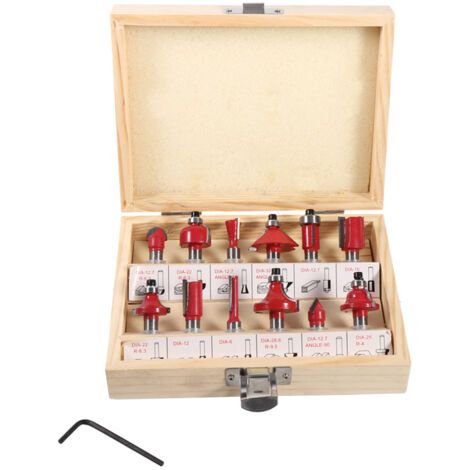 Coffret de 12 fraises à bois en carbure cémenté, queue de 8 mm, dans un coffret en bois. (1/5)