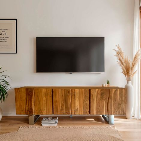 Meuble TV 3 portes 160x46x56 cm en bois d'acacia naturel et chromé (1/5)
