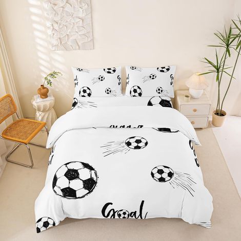 Boys' Football Bedding Set Sport Theme Bedding Set Children Football Pattern Duvet Cover 220 x 240 cm Kids Men Black White Bedding Set (1/5)