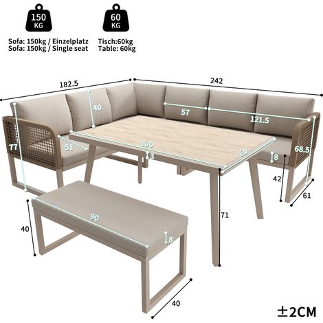 ELVMI Salotto da giardino con 3 Divani a 2 posti, 1 Panchina e 1 Tavolo, Rattan PE, Ferro e Tessuto impermeabile, Beige (1/4)