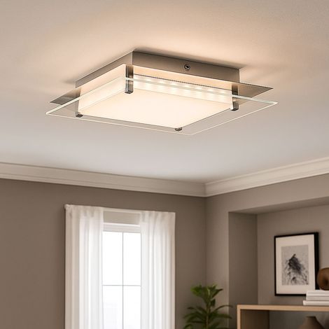Deckenleuchte Deckenlampe Schlafzimmerleuchte Wohnzimmerlampe, Dimmbar, Glas nickel matt klar satiniert, 1x LED 40W 2000Lm 3000K, HxLxB 7,5x50x50cm