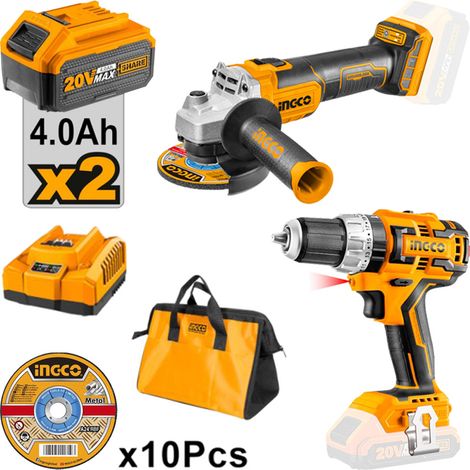 SET Brushless INGCO - Trapano e Smerigliatrice 20V, 2 Batterie 4.0Ah, Caricatore (1/8)
