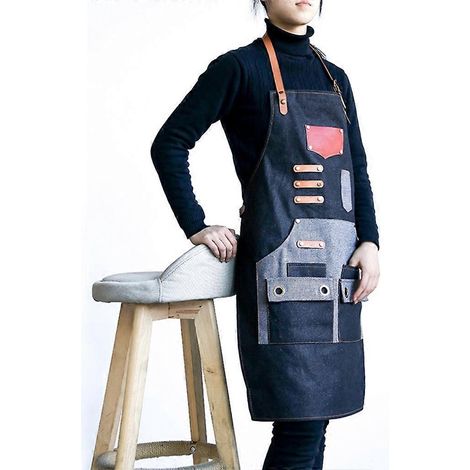 Tablier en toile ajustable avec plusieurs poches, tablier long unisexe à bavette pour chef, barbecue et cuisine, résistant à l'usage. (1/4)