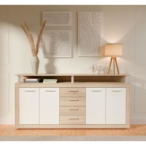 Buffet bas contemporain en panneaux de particules décor chêne et blanc – L 197,5 cm – 4 portes et 4 tiroirs – Espace de rangement élégant