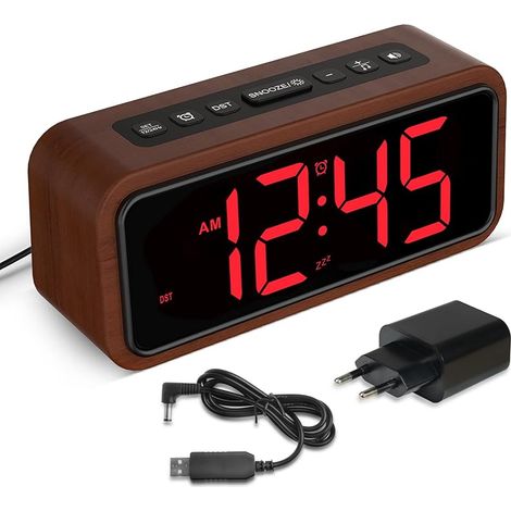 Réveil Fort pour Dormir Profond, réveil en Bois avec Affichage LED, 12 sonneries d'alarme, 5 Niveaux de luminosité réglables, 5 volumes, DST Manuel, réveil rétro pour Chambre à Coucher (Rouge) (1/5)
