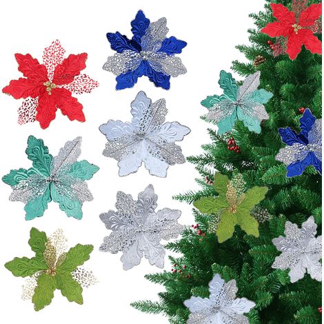 (Blanc + Rouge + Bleu + Vert + Cyan + Argent : combinaison de 6 couleurs) Décoration florale de Noël à paillettes (6 pièces), sapin de Noël à monter soi-même, accessoires pour compositions florales cr (1/3)