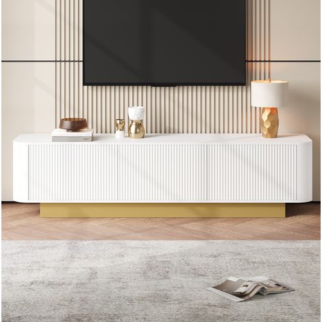 Meuble TV 170x40,5x47 cm blanc en MDF et panneau de particules avec rangement, gestion des câbles et portes rainurées (1/5)