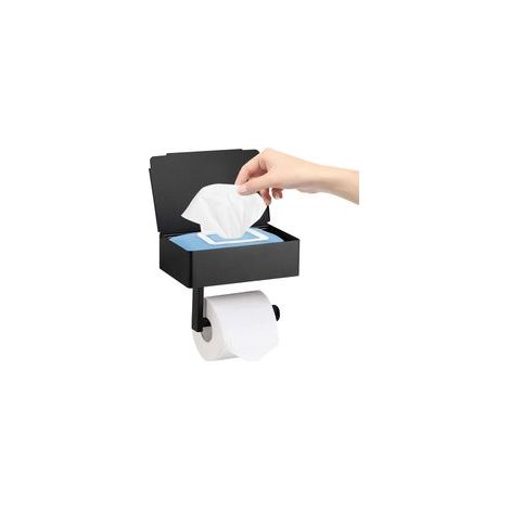 Portarrollos de papel higiénico con dispensador de toallitas, negro mate, de pared, acero inoxidable, para cocina y baño, autoadhesivo o perforable. - Crezuo