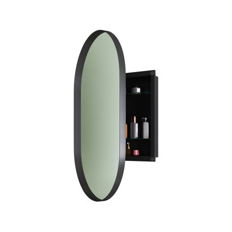Armoire murale à miroir ovale noire, cadre métal et étagères ajustables