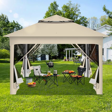 Randaco Gazebo POP-UP da giardino 3,3 × 3,3 m pieghevole con zanzariera, montaggio rapido – Beige