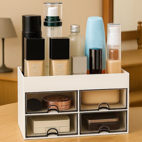 Makeup Storage Box 21x14.5x12.5cm with 4 Drawers and 4 Compartments Desk Organiser Space Saving Desk Organiser Drawers for School Office Home Makeup Desk Supplies (1/5)