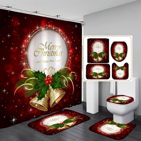 Rideau De Douche Noel - Tapis De Salle De Bain - Motif Bonhomme De Neige - En Polyester - Ensemble De 4 Pièces (1/5)
