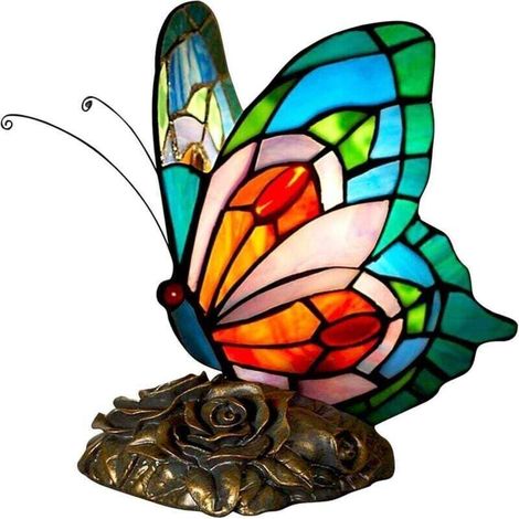 Vintage Tiffany-Nachttischlampe mit Schmetterlingsmotiv – Buntglas – 15 cm x 12 cm x 22 cm – inklusive LED-Beleuchtung – Für Schlaf- und Wohnzimmer (1/4)