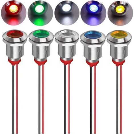 5pcs 12mm 12/24VDC LED Métal Indicateur - Lumière éTanche Signal Lampe Pilote Tableau de Bord Directionnel avec Fil