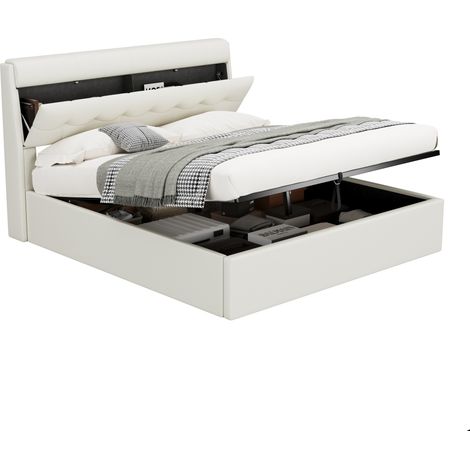 Lit coffre rembourré PU blanc 160x200 cm avec sommier à lattes, vérin hydraulique et rangements cachés (1/5)