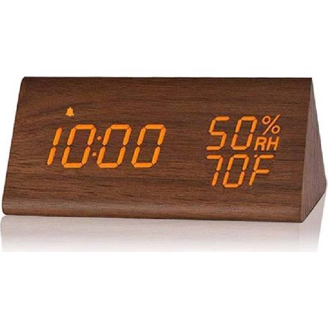 Réveil numérique triangulaire en bois brun avec lampe blanche- avec affichage électronique de l'heure par LED- détection de la température et de l'humidité- 3 réglages d'alarme et 3 niveaux de luminos (1/5)