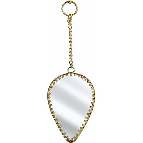 Miroir Décoratif en Laiton, Forme Goutte d'eau avec Bordure Dorée, avec Chaîne de Suspension, 9 cm x 6,5 cm (1/5)