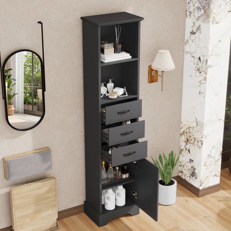 Hochschrank Badezimmer 38 x 26 x 172,5 cm mit 3 Schubladen, verstellbaren Böden, schwarz HAVRYA (1/5)