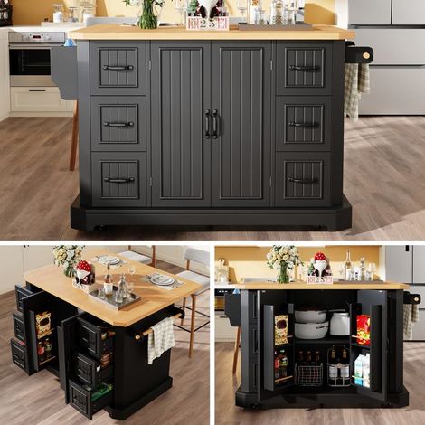 Îlot de cuisine - Noir - 2 portes & 6 tiroirs - 5 roulettes (2 avec freins) - Plan de travail imitation bois