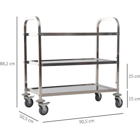 Desserte de cuisine à roulettes à 3 étagères, chariot de rangement en acier inox., chariot de cuisine et salle à manger, 90,5 x 50,5 x 88,2 cm, argenté (1/5)