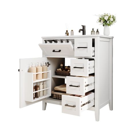 Meuble de salle de bain autoportant 76×46×90 cm, surface laquée, quatre tiroirs silencieux, rangements sur porte, poignées noires et vasque en céramique intégrée, blanc.