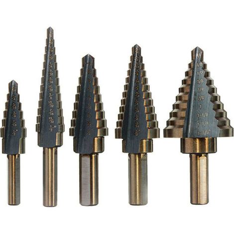 5-teiliges Set titanbeschichteter Stufenbohrer, dreieckige Pagodenbohrer, Titan-Kegelbohrer, Bohrer mit Aluminiumgehäuse