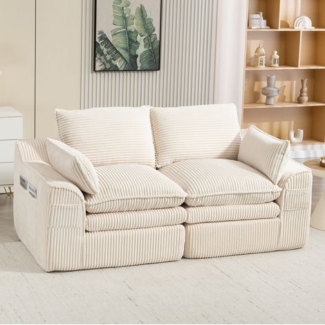 2-Sitzer-Sofa aus beigem Cordstoff mit Kissen und Seitentaschen HAVRYA (1/5)