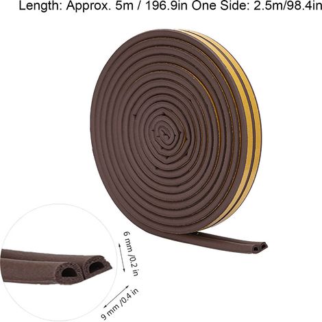 Joint d'étanchéité en caoutchouc auto-adhésif marron pour portes et fenêtres, 5 mètres, 9 x 6 mm (1/5)
