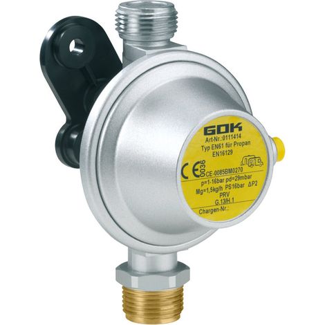 Détendeur gaz propane classe 1 29 mbar – Débit 1500 gr/h – Entrées filetées mâles 20/150 – Grille de filtration intégrée – GOK
