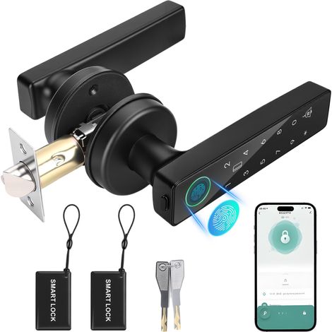 Serrure Connectée, Serrure Porte Biométrique Intelligente, Utilisable avec Empreinte Digitale, Code, Carte à Puce, App et Clé, Système de Sécurité d'Entrée Électronique, Noir (1/5)