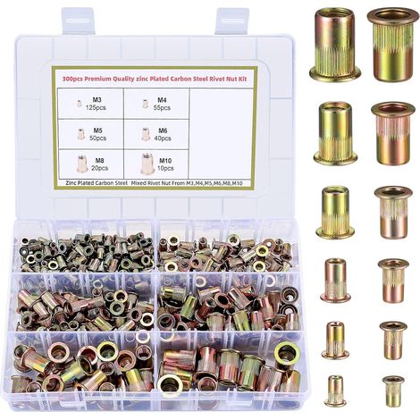 300 écrous à rivets en acier au carbone, écrous à sertir zingués, écrous à rivets aveugles filetés - M3/M4/M5/M6/M8/M10 (1/5)