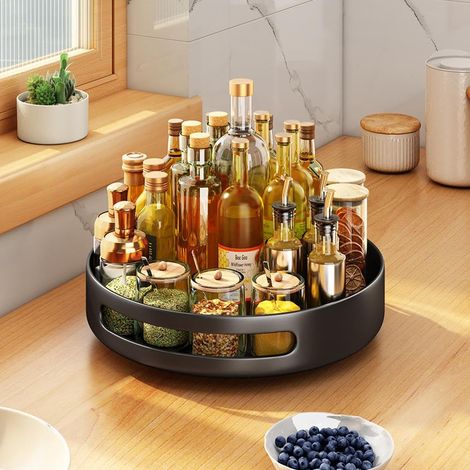 Plateau tournant à épices 360° en métal (plateau tournant) - Organisateur rotatif 1 niveau, base antidérapante - Pour plan de travail/placard/garde-manger/réfrigérateur - Noir, taille M - Taille: Blac (1/5)