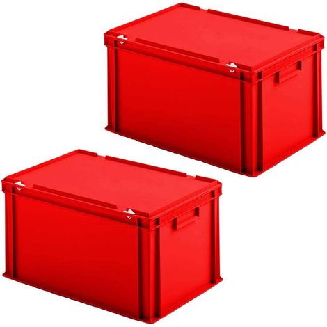 BRB Lot de 2 Boîtes Rangement Plastique Euro avec Couvercle à Charnière - 600 x 400 x 330 mm - En Polypropylène - Qualité Alimentaire - Rouge