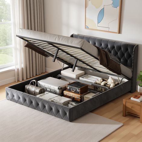Polsterbett 140x200 cm, Doppelbett mit hydraulisch und Stauraum, Modernes Jugendbett mit Tufting und Nietenkopfteil, Bettgestell mit Lattenrost, Velour Dunkelgrau, Ohne Matratze