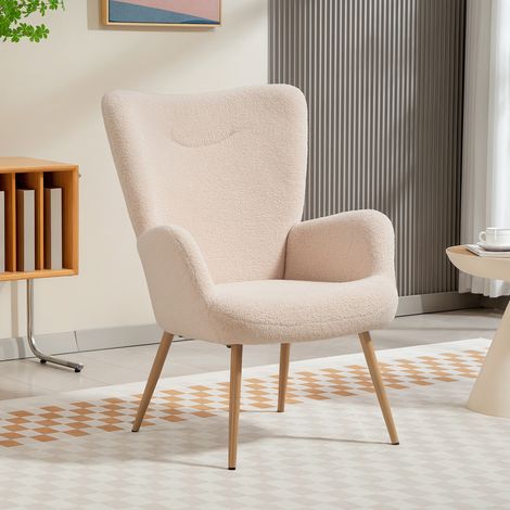 Fauteuil salon rembourré, fauteuil d'appoint en tissu bouclette, haut dossier avec accoudoirs, 71x74x97,5cm, beige (1/5)