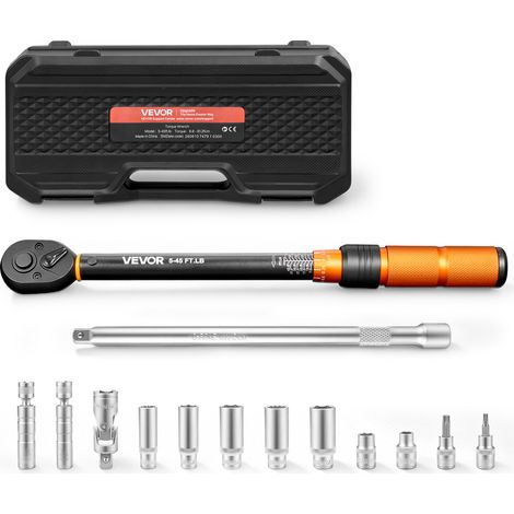 VEVOR Llave Dinamometrica 3/8" 6,8-61,2 Nm Llave de Trinquete Dinamometrica, Precisión ±3%, con Llaves para Bujía Puntas Barra de Extensión Estuche de Almacenamiento, Mantenimiento para Coches Bicis (1/5)