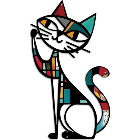 Déco Murale Chat métal Fine et élancée – Style Mid-Century, Effet mosaïque/vitrail, Fer, idéale pour Murs étroits (entrée Couloir), env. 35×25 cm (1/5)