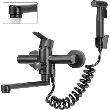 Küchenarmatur, Wandmontage, mit Brausepistole, 360° schwenkbar, 23 cm Schwenkauslauf, Warm- und Kaltwasser, 4 Betriebsmodi, Edelstahl 304, schwarz (1/4)
