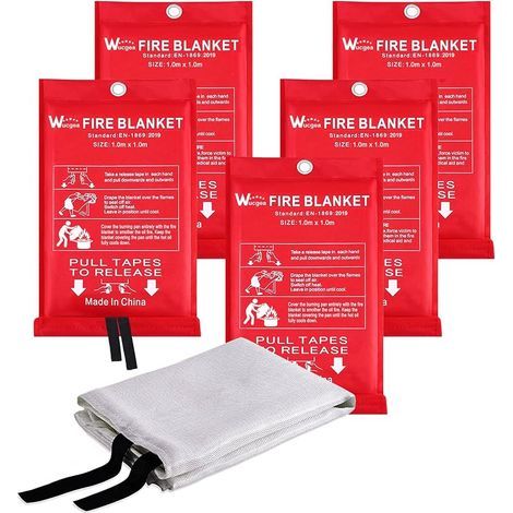 Couverture Anti feu de Survie - Couverture Anti-feu en Fibre de Verre d'urgence pour la Survie Protection Ignifuge et Isolation Thermique 1m x 1m Applicable à Cuisine Barbecue Voiture - 5 Pack (1/5)