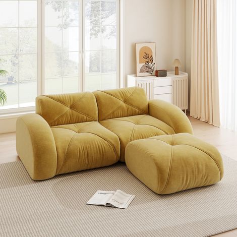 Canapé modulable 2 places avec pouf, chenille jaune, mousse 32D, 204 x 171 x 76 cm (1/5)